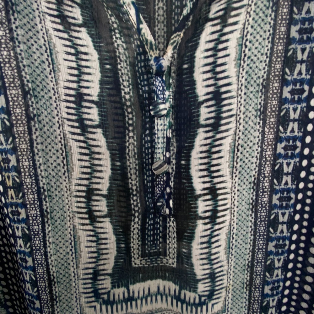 Rose & Olive Geometric Tribal Print Blouse Womens 3X Blue Green Flowy Boho Sheer - Picture 2 of 10